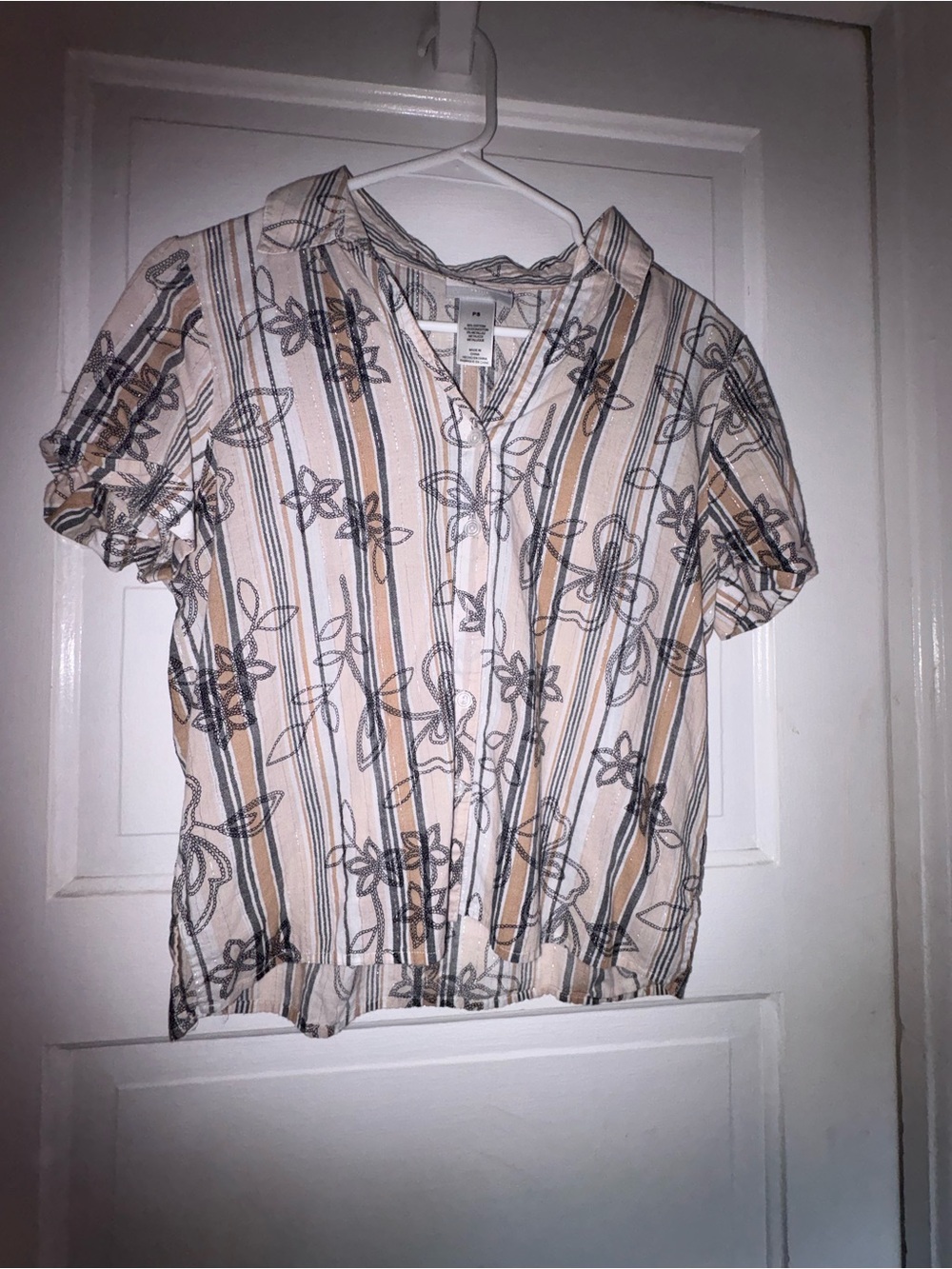 Striped Floral Short-Sleeve Cropped Shirt - White & Tan